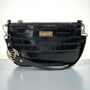 Vintage Y2K Bebe Black Faux Croc Embossed Shoulder Bag Gold Logo Purse Academia